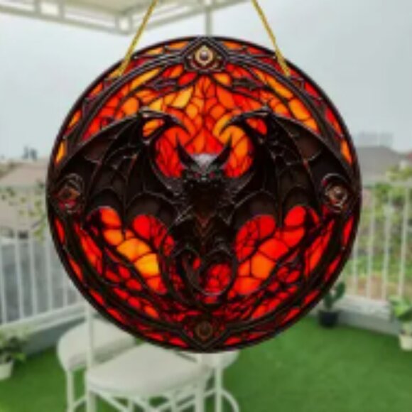 Other - 1pc 6"x6" Round Acrylic Sign, Gothic Bat Suncatcher, Stained Window Hanging
